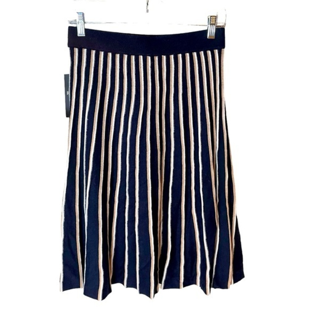Pure Collection Knitted Navy Blue White and Golden Stripe Skirt‎ NWT Size Small
